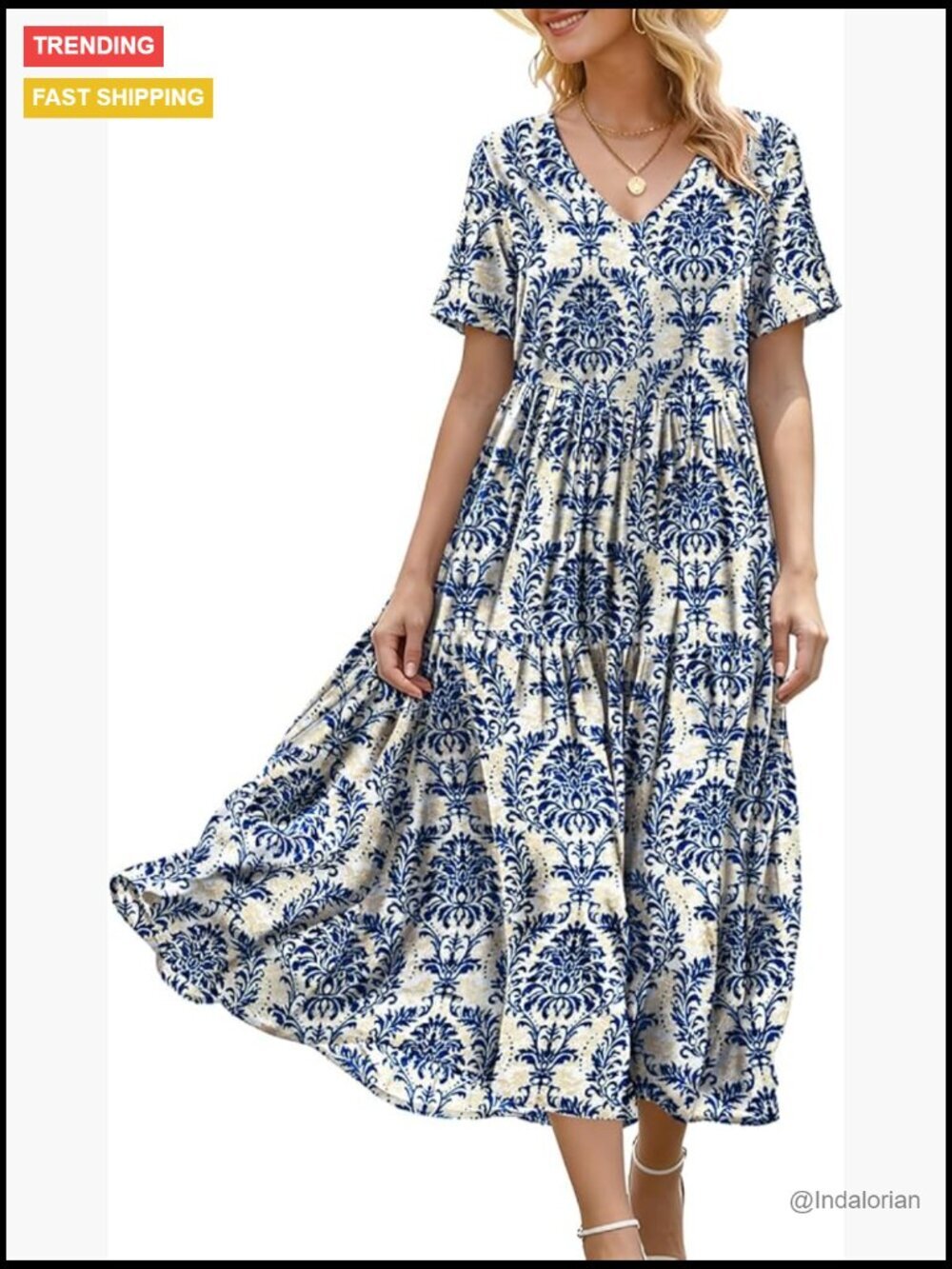 Women's Floral Maxi Dress V-Neck Short Sleeve Swing with Pockets